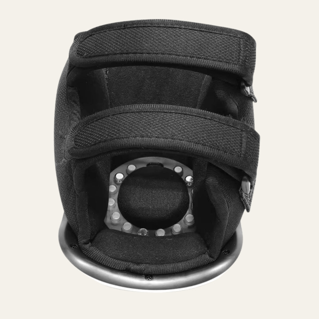 Inside of the AuraKnee Pro: padded mesh lining and the full ring of red LEDs